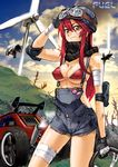  bandages bikini_top breasts car cleavage copyright_request elbow_pads gloves goggles goggles_on_head ground_vehicle helmet large_breasts long_hair motor_vehicle overalls red_hair satou_shouji scarf solo wind_turbine windmill 