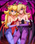  :p animal_print bare_shoulders bat bat_print blonde_hair blue_eyes breasts cameltoe cleavage cosplay costume covered_nipples crown demon_girl earrings hair_over_one_eye halloween head_wings holding_hands jewelry large_breasts leotard lilith_aensland lilith_aensland_(cosplay) long_hair mario_(series) morrigan_aensland morrigan_aensland_(cosplay) multiple_girls nail_polish pantyhose pink_nails princess_peach print_legwear purple_wings red_leotard rosetta_(mario) sigurd_hosenfeld succubus super_mario_bros. tongue tongue_out vampire_(game) wings 