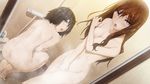  2girls :o aqua_eyes ass barefoot bath bathroom black_hair blush breast_hold breasts brown_hair completely_nude covering_breasts covering_crotch covering_privates curly_hair dust embarrassed game_cg huke long_hair looking_back makise_kurisu medium_breasts multiple_girls nude open_mouth photoshop_(medium) purple_eyes same-sex_bathing shared_bathing shiina_mayuri short_hair showering squatting steins;gate tiptoes wet 