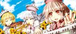  blonde_hair brown_hair closed_eyes hat instrument kazetto keyboard_(instrument) lunasa_prismriver lyrica_prismriver merlin_prismriver multiple_girls orange_eyes short_hair siblings silver_hair sisters touhou trumpet violin 