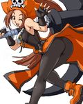  anchor ass breasts brown_eyes brown_hair fingerless_gloves from_behind gloves guilty_gear hat isu lowres may_(guilty_gear) medium_breasts one_eye_closed orange_hat orange_shirt pirate_hat shirt sideboob smile solo when_you_see_it 