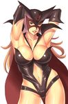  armpits arms_up breasts cape cleavage doronjo elbow_gloves gloves huge_breasts latex leotard lips lipstick long_hair makeup mask navel navel_cutout shiny shiny_clothes solo takasugi_kou time_bokan_(series) yatterman 