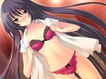  blue_eyes blush bow bow_bra bow_panties bra flyable_heart game_cg highres itou_noiji lingerie long_hair open_clothes open_shirt panties red_bra red_panties shirasagi_mayuri shirt solo underwear undressing very_long_hair 