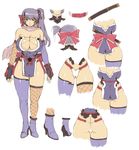  ass bow breasts butt_crack character_sheet cleavage copyright_request curvy fingerless_gloves fishnet_legwear fishnets gloves hair_bow headband highres huge_breasts loincloth mogudan ninja panties pink_eyes purple_hair scarf sheath sheathed side_ponytail sword thighhighs thong underwear weapon white_panties 
