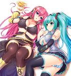  aqua_eyes aqua_hair arm_holding ass bare_shoulders blue_eyes breasts cleavage covered_nipples curvy detached_sleeves green_nails hatsune_miku kawase_seiki large_breasts long_hair megurine_luka multiple_girls nail_polish necktie no_bra open_clothes open_shirt panties pink_hair purple_nails shirt smile striped striped_panties thighhighs thighs twintails underboob underwear very_long_hair vocaloid 