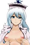  bad_id bad_pixiv_id blue_eyes blue_hair breast_lift breasts breasts_apart hands hat highres hyudora lips long_hair medium_breasts merlin_prismriver nipples no_bra open_clothes open_shirt shirt smile solo touhou upper_body 
