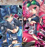  aqua_eyes belt blue_hair blush bow breasts card cleavage eyepatch fingerless_gloves genderswap genderswap_(mtf) gloves goggles hair_ornament hairclip holding holding_card kamen_rider kamen_rider_dcd kamen_rider_decade kamen_rider_diend large_breasts long_hair multiple_girls navel pink_hair ponytail ribbon shisaki_tayu smile striped striped_legwear thighhighs 