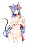  1girl alternate_headwear animal_ear_fluff animal_ears armband bag bandage bangs bare_arms bare_shoulders blue_hair blush bra breasts cat_ears cat_tail collarbone commentary_request eyebrows_visible_through_hair food fruit groin hair_between_eyes hair_ornament hairclip hat head_tilt highres hinanawi_tenshi kemonomimi_mode leaf long_hair looking_at_viewer medium_breasts navel nurse_cap panties peach red_cross red_eyes simple_background solo stethoscope stomach tail tetsurou_(fe+) thighhighs thighs touhou underwear underwear_only very_long_hair white_background white_bra white_legwear white_panties wrist_cuffs 