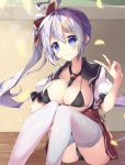  1girl ass azur_lane black_bikini_top black_neckwear black_panties black_sailor_collar blue_eyes blush breasts brown_skirt cleavage closed_mouth collarbone commentary_request hair_ribbon hand_up highres knees_together_feet_apart knees_up large_breasts light_particles long_hair looking_at_viewer maritaki miniskirt necktie open_clothes open_shirt panties portland_(azur_lane) red_ribbon ribbon sailor_collar shirt short_sleeves side_ponytail sidelocks silver_hair sitting skirt smile solo thighhighs underbust underwear v white_legwear white_shirt 