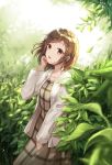  1girl backlighting bang_dream! bangs blurry blurry_foreground blush brown_dress brown_eyes brown_hair collared_dress commentary_request depth_of_field dress eyebrows_visible_through_hair grey_jacket hand_up hazawa_tsugumi jacket leaf long_hair long_sleeves looking_at_viewer lunacle open_clothes open_jacket open_mouth solo standing 