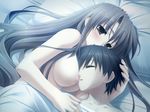  1girl bed bed_sheet between_breasts black_hair blush breast_pillow breast_smother breasts brown_eyes couple game_cg hetero highres kanekiyo_miwa large_breasts long_hair lying naked_sheet natsu_no_ame nipples nude on_side pillow shinooka_misa very_long_hair 