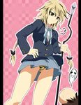  alternate_costume alternate_hairstyle angry bishamonten's_spear blonde_hair brown_eyes head_bump k-on! long_hair panties parody polearm school_uniform shin'ya_(nanp) solo spear toramaru_shou touhou underwear upskirt weapon 