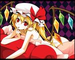  ass couch finger_to_mouth flandre_scarlet hands hat lying nail_polish nude on_stomach one_side_up pointy_ears ponytail red_eyes red_nails reina_(black_spider) short_hair solo touhou wings 