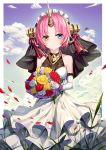  1girl :o bangs blue_eyes blue_sky blush bouquet breasts brown_eyes btraphen cloud cloudy_sky collarbone commentary_request day dress elbow_gloves fate/grand_order fate_(series) flower frankenstein&#039;s_monster_(fate) gloves highres holding holding_bouquet horn looking_at_viewer medium_breasts parted_bangs parted_lips petals pink_hair red_flower red_rose rose sky sleeveless sleeveless_dress solo veil white_dress white_flower white_gloves white_rose yellow_flower yellow_rose 