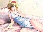  ajishio alice_margatroid bed blonde_hair finger_to_mouth frilled_pillow frills hairband one-piece_swimsuit pillow school_swimsuit see-through solo swimsuit touhou white_school_swimsuit white_swimsuit 