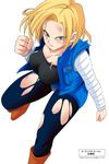  android_18 artist_request blonde_hair blue_eyes bruise clenched_hands dragon_ball dragon_ball_z earrings highres injury jewelry pantyhose simple_background solo torn_clothes torn_legwear vest 