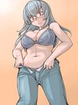  blush bra breasts denim dressing glasses jeans lace large_breasts lingerie navel older panties pants red_eyes rozen_maiden silver_hair solo suigintou tsuda_nanafushi underwear 