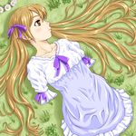  1girl amputee blonde_hair brown_eyes dress female flower grass hair_ribbon karakure karakure_(pixiv591749) long_hair lying nature outdoors quadruple_amputee ribbon solo twintails 