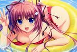  afloat alpha_(yukai_na_nakamatachi) antenna_hair bent_over bikini blue_eyes bracelet breasts cleavage copyright_request hair_ornament hair_ribbon hairclip highres innertube jewelry large_breasts long_hair red_hair ribbon solo strap_slip swimsuit twintails v very_long_hair water 