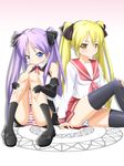  bad_id bad_pixiv_id bare_shoulders black_legwear blonde_hair blue_eyes blush bow collarbone cosplay costume_switch crossover detached_sleeves dream_c_club dream_c_club_(series) frown hair_ribbon highres hiiragi_kagami hiiragi_kagami_(cosplay) kneehighs lucky_star mary_janes mian_(dream_c_club) mian_(dream_c_club)_(cosplay) multiple_girls nakki panties pleated_skirt purple_hair ribbon ryouou_school_uniform school_uniform serafuku shoes skirt socks striped striped_panties thighhighs thighs tsurime twintails underwear waitress yellow_eyes zettai_ryouiki 