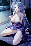  ahoge areolae bare_shoulders barefoot blue_eyes breasts clothes_down feet green_hair hair_ribbon highres japanese_clothes kimono large_breasts long_hair marionette_zero nakano_sora night panties pantyshot ribbon selene_(marionette_zero) sitting solo tatami underwear 