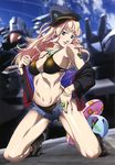  absurdres bikini blonde_hair blue_eyes breasts cleavage denim denim_shorts earrings gloves hands hat highres jewelry large_breasts lips long_hair macross macross_frontier midriff official_art sakai_kazuo sheryl_nome shorts smile solo swimsuit 