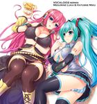 between_breasts breasts cleavage covered_nipples green_nails hands hatsune_miku kawase_seiki large_breasts legs long_hair lying megurine_luka multiple_girls nail_polish open_mouth panties purple_nails striped striped_panties thighhighs typo underboob underwear very_long_hair vocaloid 
