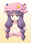  blueberry_(5959) breasts cleavage crescent hat large_breasts long_hair patchouli_knowledge purple_eyes purple_hair solo touhou 