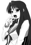  asakura_ryouko bad_id bad_pixiv_id greyscale kita_high_school_uniform licking monochrome oryou saliva school_uniform serafuku solo suzumiya_haruhi_no_yuuutsu tongue 