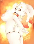  2019 5_fingers abstract_background absurd_res anthro areola big_breasts breasts butt clothed clothing female floppy_ears hands_behind_back hi_res lagomorph looking_at_viewer mammal nintendo nipples open_mouth open_smile pok&eacute;mon pok&eacute;mon_(species) scorbunny signature skwidbone smile solo standing teeth thong tongue topless video_games 