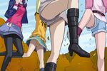  aono_miki boots denim denim_shorts fresh_precure! haruyama_kazunori higashi_setsuna momozono_love multiple_girls panties panties_under_pantyhose panty_peek pantyhose pink_vest precure shorts underwear upskirt vest white_panties yamabuki_inori yellow_panties 