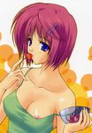  absurdres breasts cherry copyright_request covered_nipples food fruit hair_ornament hairclip highres medium_breasts nipple_slip nipples scan short_hair solo suzuhira_hiro 