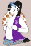  2019 anthro bow_kori bulge canid canine canis clothed clothing collie cookie digital_media_(artwork) domestic_dog eyewear food fur goggles grumpy_griffin_creations_(artist) hair hi_res looking_at_viewer male mammal simple_background smile solo varsity_jacket white_fur 