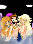  1boy 2girls blush breasts censored cleavage convenient_censoring covering covering_breasts earrings facial_hair hair_over_breasts happy harem jewelry lowres luigi mario_(series) medal medallion mixed_bathing multiple_girls mustache night nintendo nude nude_cover onsen pimp princess princess_daisy princess_peach smile smirk super_mario super_mario_bros. super_mario_land water wink 