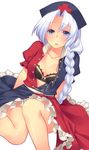  blue_eyes bow bow_bra bra braid frills hair_over_shoulder hat lace lace-trimmed_bra lingerie long_hair lowres open_clothes open_shirt shirt single_braid solo takahina touhou unbuttoned underwear yagokoro_eirin 