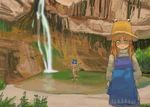  77gl :&lt; ass barefoot blonde_hair cirno from_behind green_eyes hat holding_clothes moriya_suwako multiple_girls nature no_nose nude oekaki outstretched_arms skinny_dipping spread_arms standing touhou water waterfall 