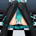  bad_id bad_pixiv_id checkered checkered_floor close-up detached_sleeves eto fat_mons hatsune_miku legs necktie panties pantyshot pantyshot_(sitting) perspective sitting skirt solo striped striped_panties thighhighs underwear vocaloid 