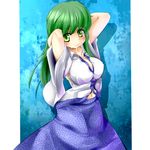  arms_behind_head arms_up breasts detached_sleeves green_eyes green_hair kochiya_sanae large_breasts long_hair solo touhou umigarasu_(kitsune1963) 