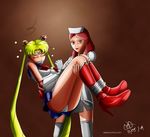  2girls bdsm bishoujo_senshi_sailor_moon blonde_hair bondage bound bound_wrists carry carrying female gag highres improvised_gag long_hair multiple_girls nurse panties red_hair sailor_moon simple_background sleeping socks tape tape_gag tapegag tsukino_usagi twintails underwear very_long_hair white_panties yuri 