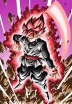  1boy aura belt black_pants black_shirt boots debris destruction dougi dragon_ball dragon_ball_super earrings energy energy_weapon evil_grin evil_smile floating full_body gokuu_black green_earrings grey_eyes grin highres jewelry long_sleeves looking_at_viewer male_focus pants pink_hair potara_earrings purple_background red_belt ring scythe shirt single_earring smile solo spiked_hair super_saiyan_rose toriyama_akira_(style) white_footwear youngjijii 