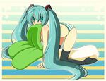  aqua_eyes aqua_hair breasts hatsune_miku long_hair medium_breasts panties pillow solo spazzykoneko spring_onion striped striped_panties themed_object thighhighs topless twintails underwear underwear_only vocaloid 