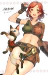 1girl :d animal armband black_gloves breasts cat clothed_animal copyright_name cross-laced_clothes facial_mark felyne fingerless_gloves fingernails gloves hand_up highres kuroimori looking_at_viewer medium_breasts monster_hunter monster_hunter:_world navel open_mouth orange_eyes red_hair short_hair shorts siamese_cat simple_background single_bare_shoulder single_sleeve smile teeth white_background 