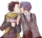  arisato_minato atlus black_hair blue_eyes blue_hair blush cake cream digital_media_player feeding food fruit headphones lick licking male male_focus mochizuki_ryouji mp3 multiple_boys open_mouth persona persona_3 scarf sexually_suggestive simple_background strawberry sweatdrop yaoi yuuki_makoto 