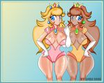  2girls blonde_hair blue_eyes blush breasts brown_hair cameltoe cleavage crown dark_skin earrings finger fingers gloves jewelry kyandi large_breasts long_hair mario_(series) multiple_girls nintendo one-piece_swimsuit princess princess_daisy princess_peach shiny skin_contrast super_mario_bros. super_mario_land swimsuit thick_thighs thighs touching 