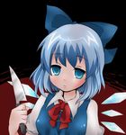  bad_id bad_pixiv_id blue_eyes blue_hair bow cirno empty_eyes hair_bow knife kuromame_(8gou) short_hair solo touhou wings yandere 