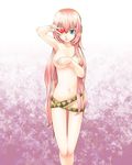  a76gma aqua_eyes belt breast_hold breasts covering headphones heart long_hair megurine_luka naked_belt nude pink_hair solo v v_over_eye vocaloid 