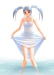  blue_hair blush breasts brown_eyes dragon@harry dress dress_lift grin highres legs looking_at_viewer medium_breasts original ripples see-through smile solo sparkle standing sundress twintails wading water wet wet_clothes white_dress 
