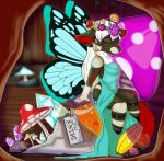  2019 akila_(character) anthro arthropod beverage butterfly canid canine canis clothed clothing crown crystal detailed_background digital_media_(artwork) dress fairy fantasy female flower fungus fur grumpy_griffin_creations_(artist) hair hi_res insect legwear lepidopteran mammal micro miniature miniturisation miniturization mushroom plant smile solo text transformation transformed wings wolf 