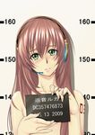  2009 alternate_breast_size blush face fingernails flat_chest green_eyes head_tilt headset height_chart holding holding_sign long_hair megurine_luka mugshot pink_hair realmbw sign solo tattoo tears topless vocaloid 