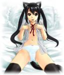  animal_ears bed black_legwear blurry bow bow_panties cat_ears cat_tail choker dress_shirt highres hinoki_(studio_spiral_dust) k-on! long_hair lying nakano_azusa navel on_back open_clothes open_mouth open_shirt panties ribbon ribbon_choker shirt solo tail thighhighs twintails underwear very_long_hair 